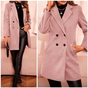 New Chic Double Breasted Mid Length Pea Coat Jacket Dusty Pink